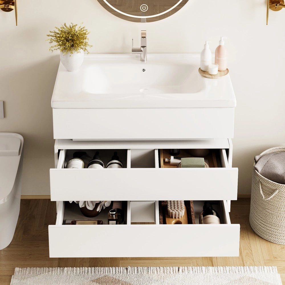 Mobile Bagno Sospeso con LED e Lavabo in Ceramica ¨C Xylo ¨C Bianco, Cassetti Soft-Close
