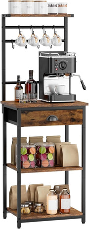 Scaffale da Cucina, Porta-caffè in legno a 5 livelli, Scaffale per macchina del caffè, Organizzatore di 12 ganci, Cassetti in tessuto, 33 x 43 x 134,5 cm, per Soggiorno, Ufficio, Marrone HBR009H
