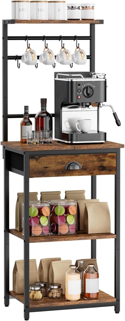 Scaffale da Cucina, Porta-caffè in legno a 5 livelli, Scaffale per macchina del caffè, Organizzatore di 12 ganci, Cassetti in tessuto, 33 x 43 x 134,5 cm, per Soggiorno, Ufficio, Marrone HBR009H