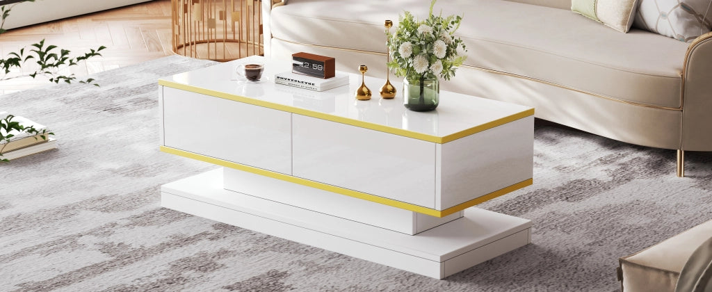 TAVOLINO DA SALOTTO 100 x 50 x 38 cm Bianco caldo con bordi oro e 2 cassetti