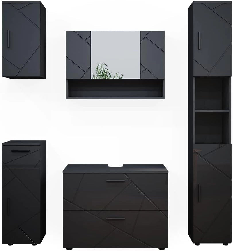 Set mobili bagno Irma, Antracite lucido, 80 cm, composto da mobile sottolavabo, specchiera, colonna, base media e pensile
