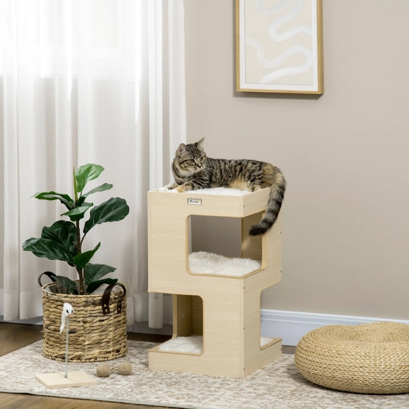 Torre per gatti a 3 livelli con cuscini e giocattolo a topo, 34 x 34 x 60 cm, colore quercia