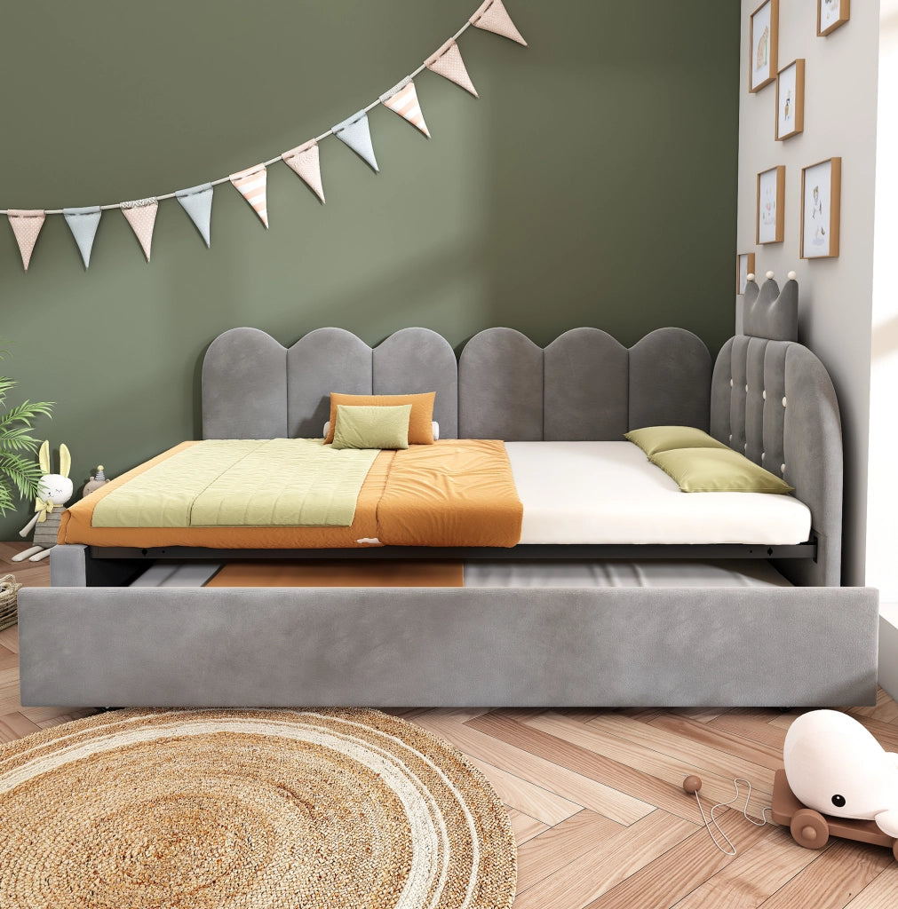 Letto singolo con letto estraibile L; design corona e griglia; 90x200 cm; velluto grigio