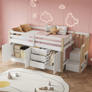 OKWISH Letto a Soppalco 90×200 cm, Letto Singolo con Scala, Cassetti, 2 Armadi e Barra Appendiabiti, senza Materasso, in MDF, Bianco