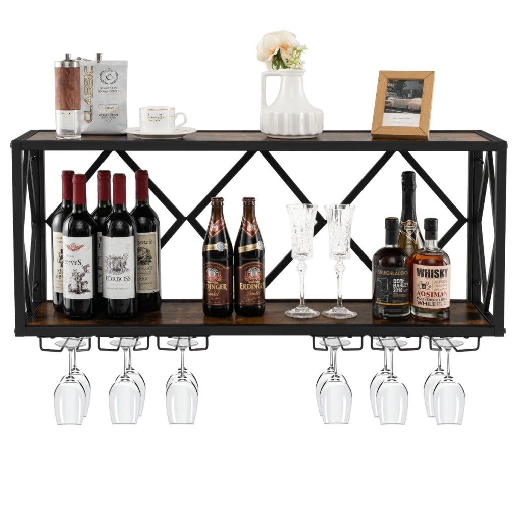 Portabottiglie da parete per conservare 39 bottiglie 12 bicchieri-Scaffale per esposizione di vino 100x25x45cm