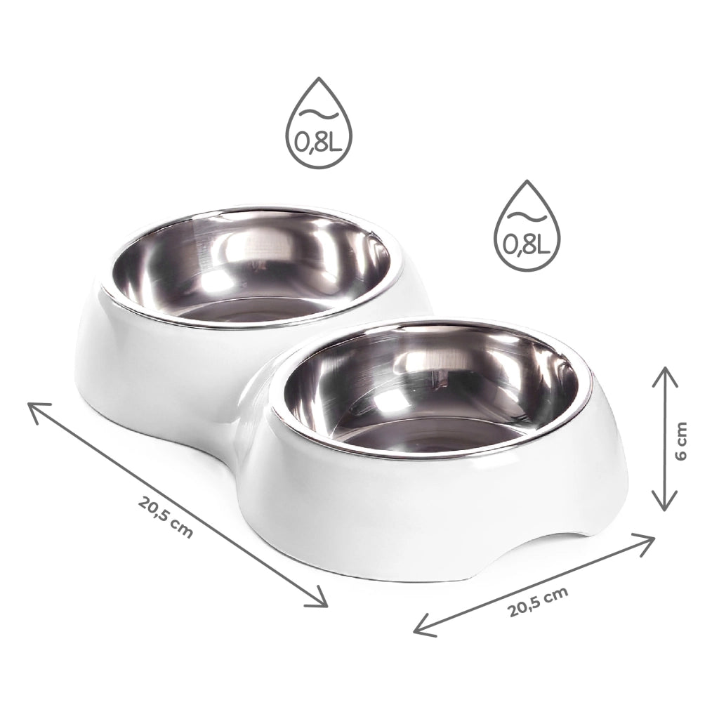 Ciotola Doppia per Cani e Gatti con 2 Vaschette in Acciaio Inox da 0,8 L, Dispenser Acqua e Cibo, Base in Plastica Resistente, 20,5 x 20,5 x 6 cm Bianco