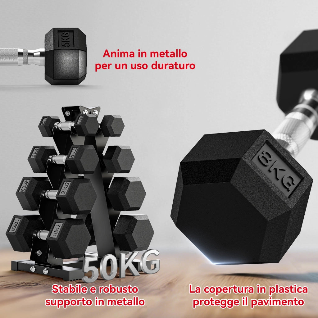Set 8 Pesi Manubri con Supporto Coppie da 2-5-8-10 Kg in Ghisa Rivestita in Gomma Nero