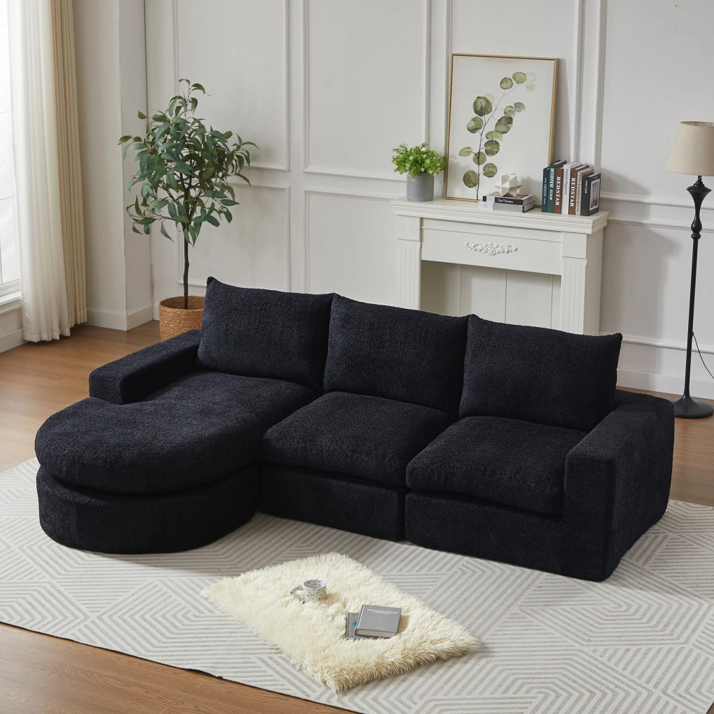 Divano modulare ULEVR 250x160 cm con chaise longue reversibile, 4 moduli e 3 cuscini in ciniglia nera