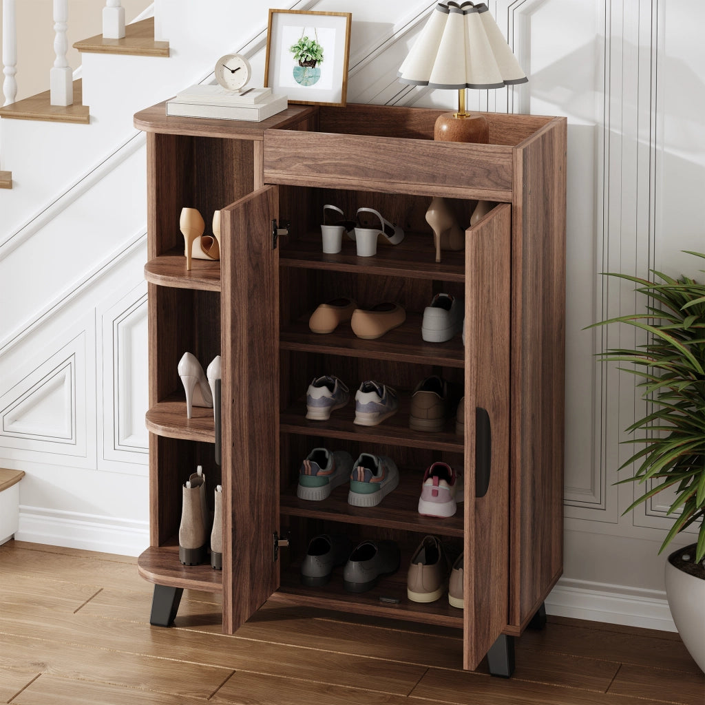Scarpiera con vani aperti e ripiano superiore per ingresso e soggiorno in truciolare noce 80 × 32 × 99 cm