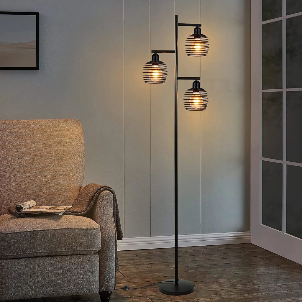 ZMH Lampada da terra vintage E27 nera tre luci interruttore a pedale soggiorno camera senza lampadine