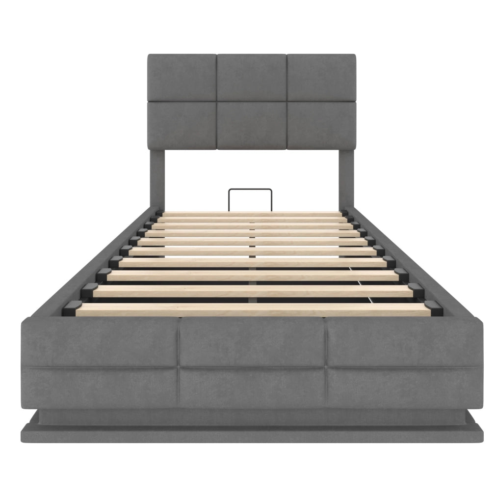 Letto 90x200 cm con testiera regolabile; LED; USB e contenitore in velluto grigio scuro