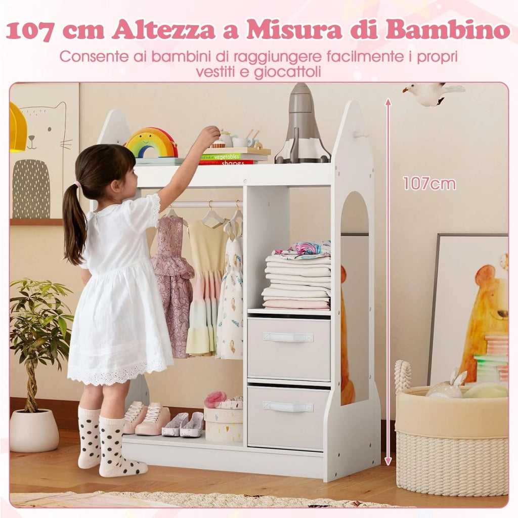 Guardaroba per Bambini, Armadio Gioco con Specchio Appendiabiti, Cassette in Tessuto Pieghevoli, Organizer per Stanza e Camera da Letto, 81 x 38 x 107 cm (Bianco)