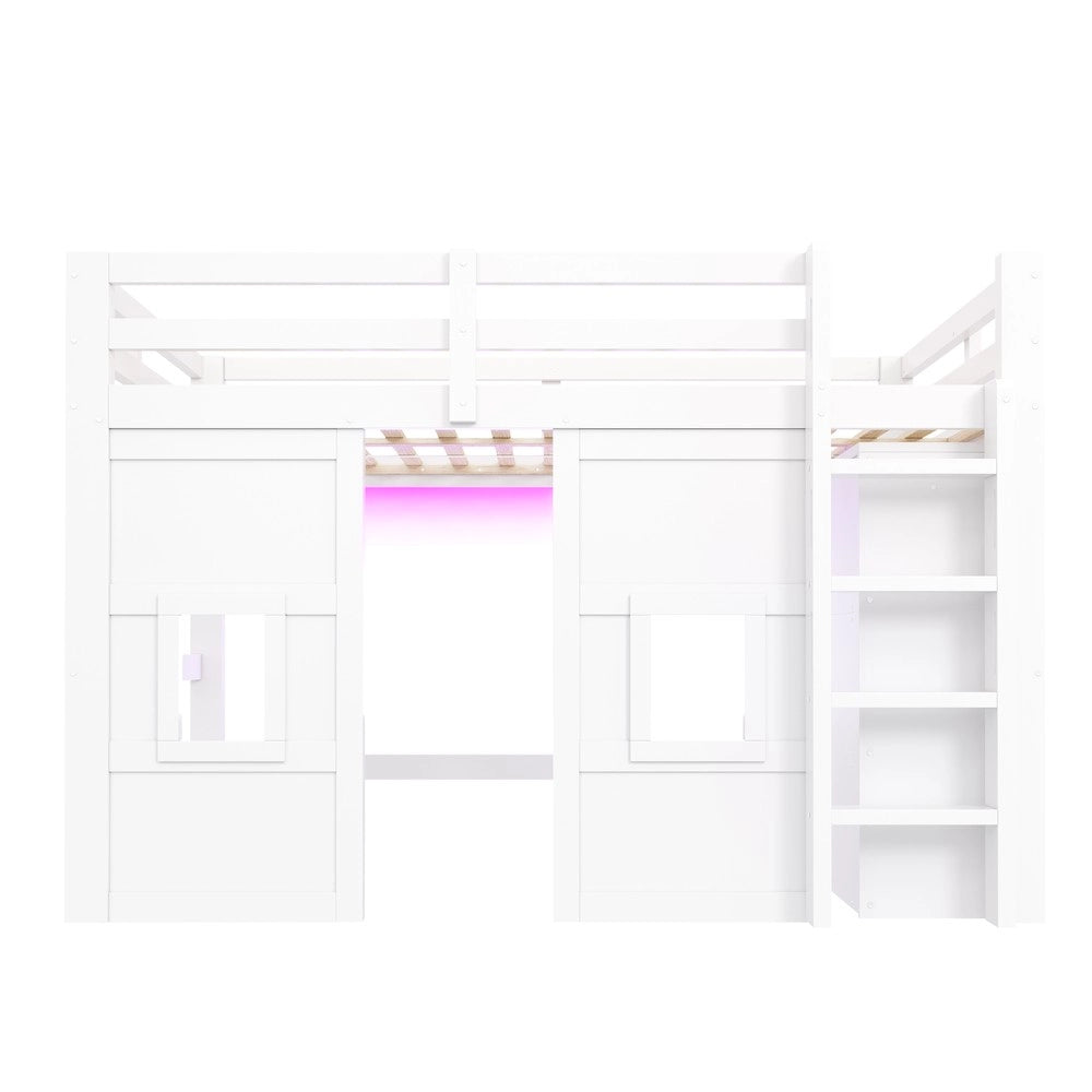 Letto a Soppalco con Armadio Integrato, Finestre e LED ¨C Xylo ¨C Legno Bianco 140x200