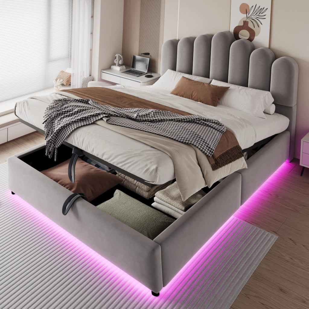 Letto imbottito 140x200 cm in velluto grigio con contenitore idraulico, LED e rete a doghe