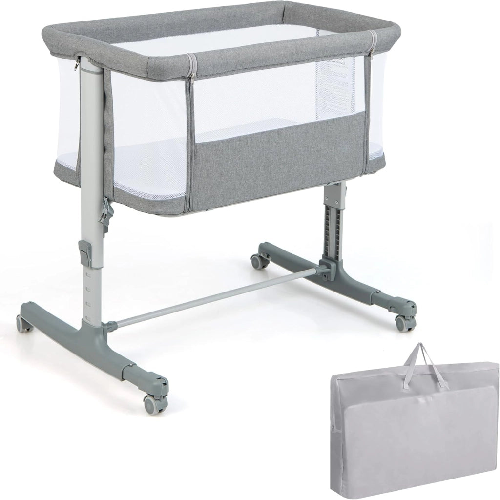 3 in 1 Culla Neonato Fianco Letto, Lettino Neonato Dondolo con Materasso, Culla Co-Sleeping Fino a 9 kg, Altezza Regolabili, 84 x 59,5 x 80,5cm (Grigio)