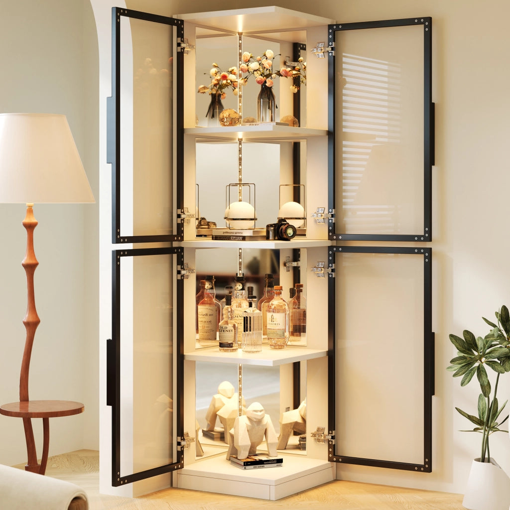 Vetrina con vetro temperato; schienale a specchio e LED multicolore; bianca 44 × 42 × 164 cm