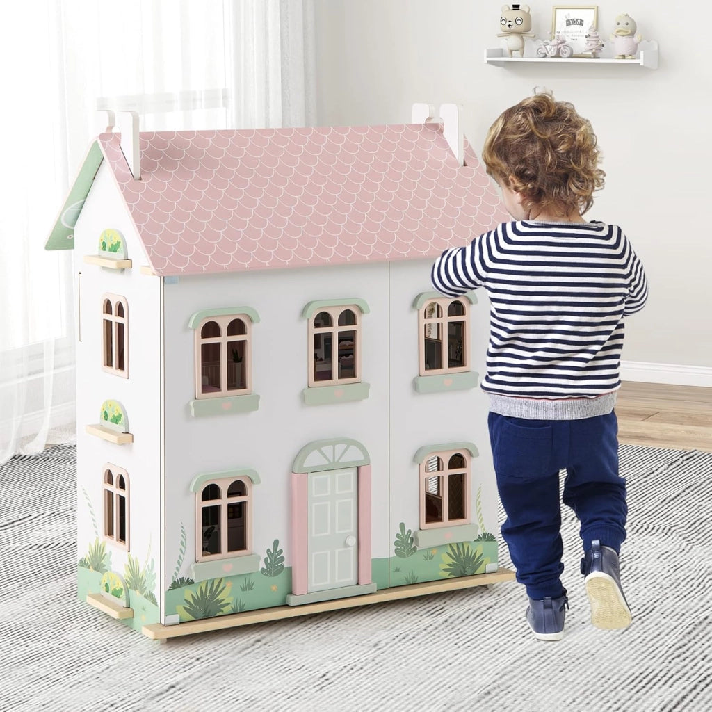 Casa delle Bambole in Legno, Casetta delle Bambole a 3 Piani con Tetti Rimovibili, Porte Apribili, Finestre Squisite 5 Stanze e 19 Accessori, Regalo per Bambini 3+ Anni