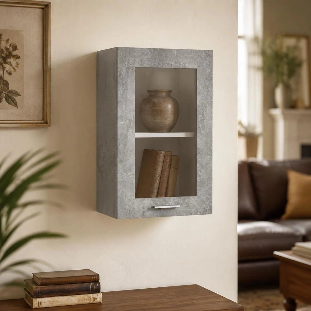 Lyon Wall-mounted Glass Cabinet, Concrete Grey, 40x31x60 Cm, Wood-based Material