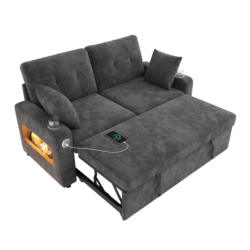 Divano letto 2 posti estraibile con USB Type-C; LED e braccioli con vano; grigio