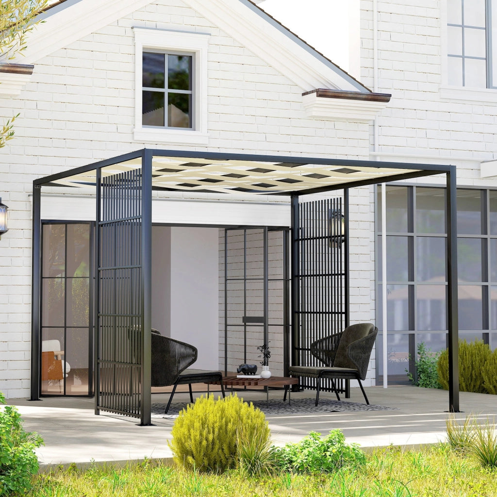 Pergola Gazebo da Giardino 295x295x210 cm Copertura Ondulata e Pannelli Laterali in Metallo Nero