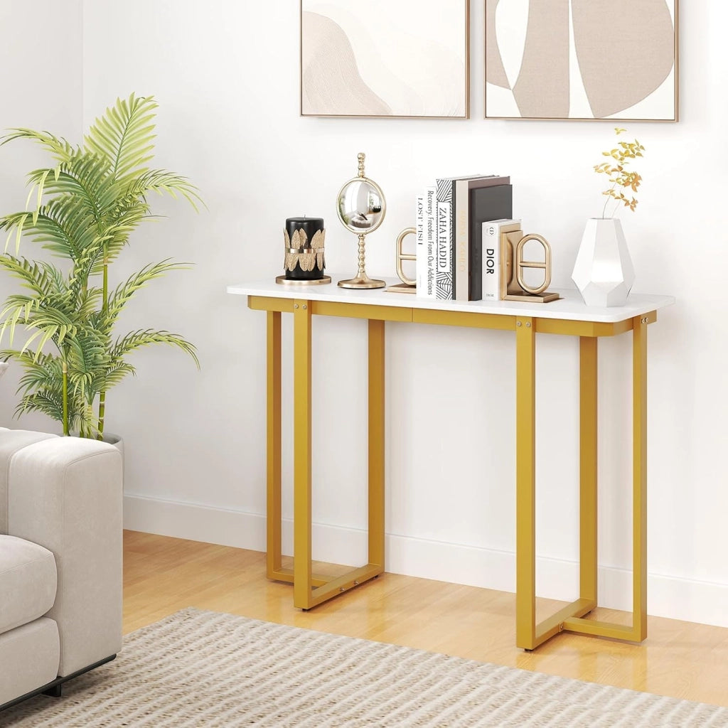 Tavolo Consolle, Tavolo d'Ingresso Moderno in Marmo Finto con Telaio Geometrico in Metallo, Tavolo Stretto per Soggiorno, Corridoio e Ingresso, 107 x 40 x 79,5 cm (Oro e bianco)
