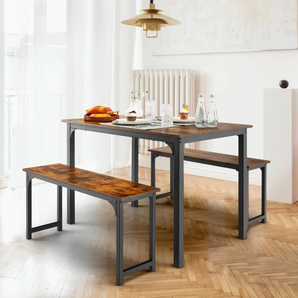 Set di tavolo e 2 panche da cucina con struttura in metallo antiruggine, Set tavolo e sedie da pranzo Marrone-Tavoli e sedie da pranzo