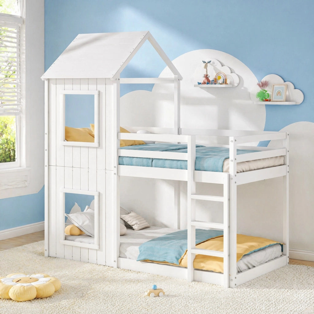 Letto a castello per bambini 90x200 cm in pino massello e MDF bianco