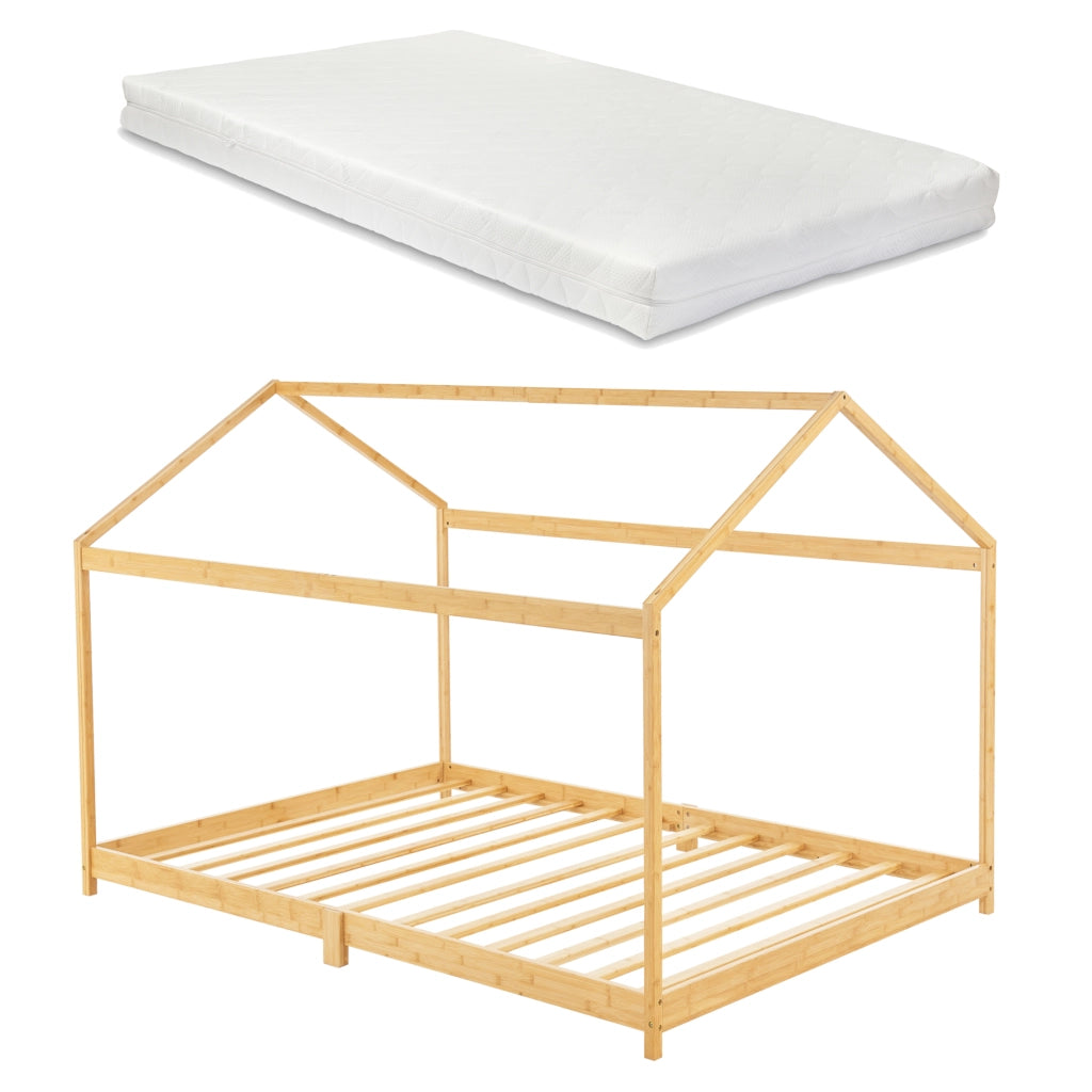 Letto per Cameretta ’Vindafjord’ a Forma di Casetta con Materasso 90x200 cm Bambù Naturale [en.casa]