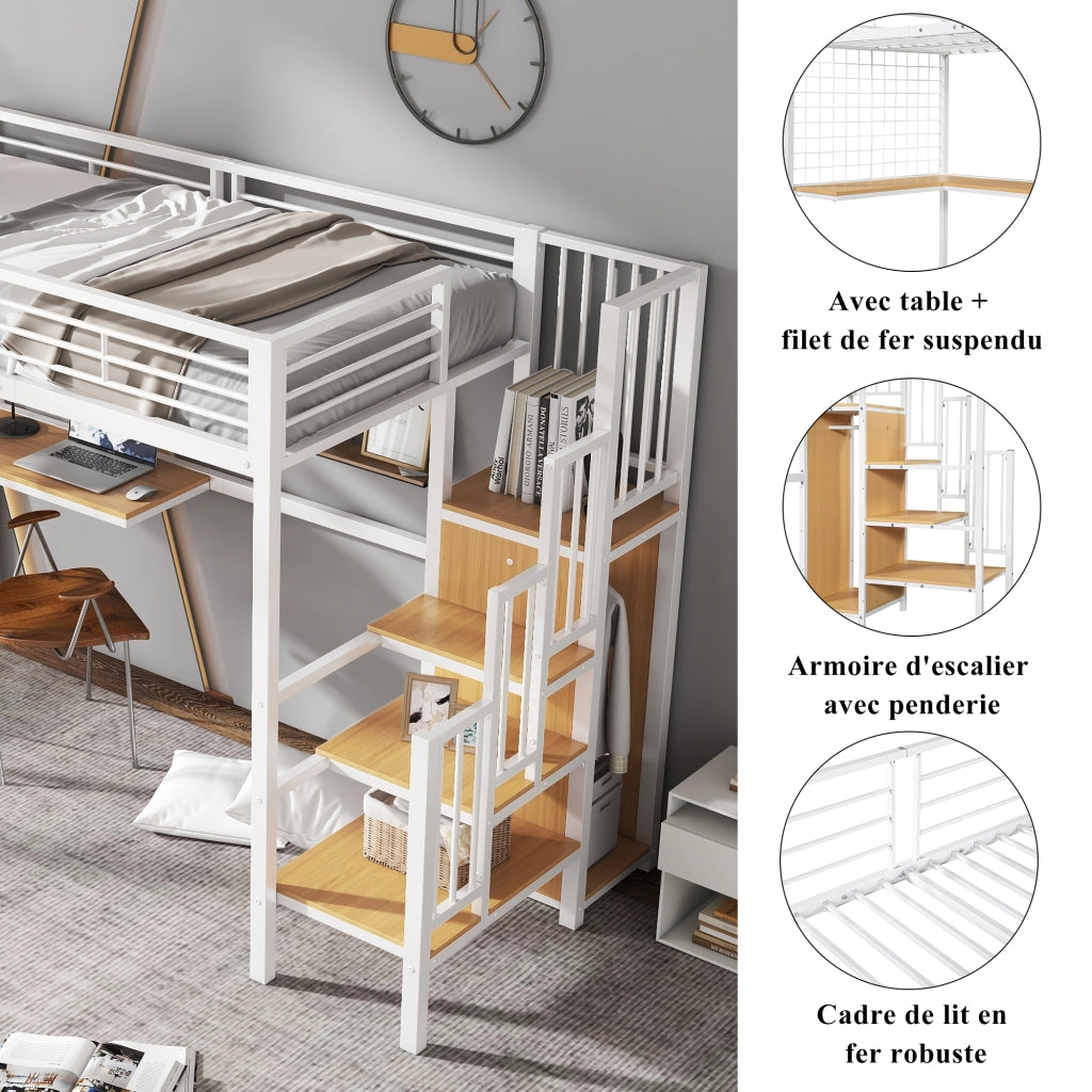 Letto a castello funzione scrivania e armadio in metallo e MDF bianco naturale 90x200 cm