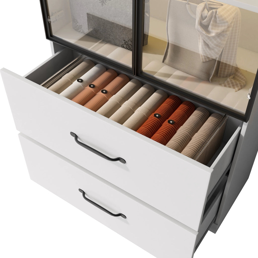 Vetrina con 2 Ante in Vetro Temperato e 2 Cassetti; LED Multicolore; Telaio in Alluminio; in Pannelli di Particelle; Bianco; 60??40??160 cm
