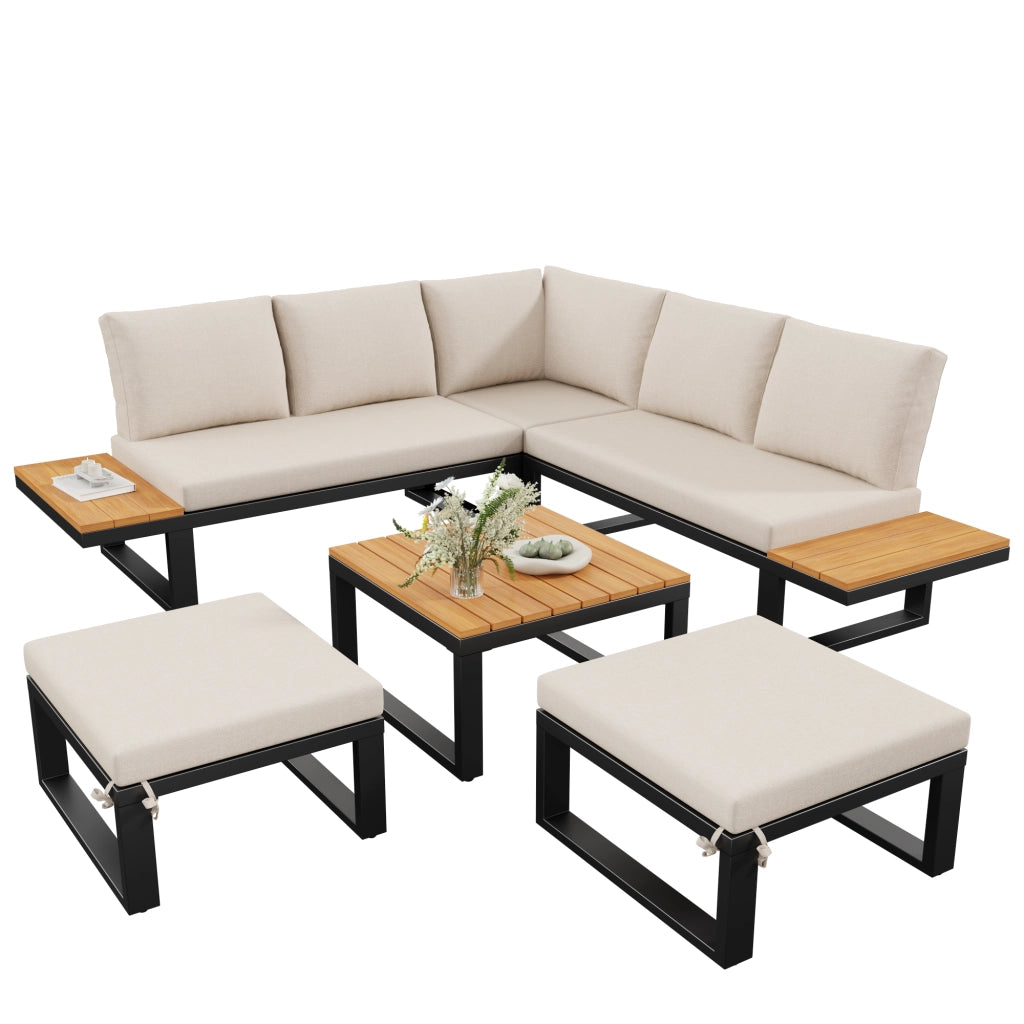 Set Divano Angolare da Giardino 6 pezzi con Tavolino ¨C MINIMAL ¨C Acciaio, Cuscini Grigio/Beige, Schienale Regolabile
