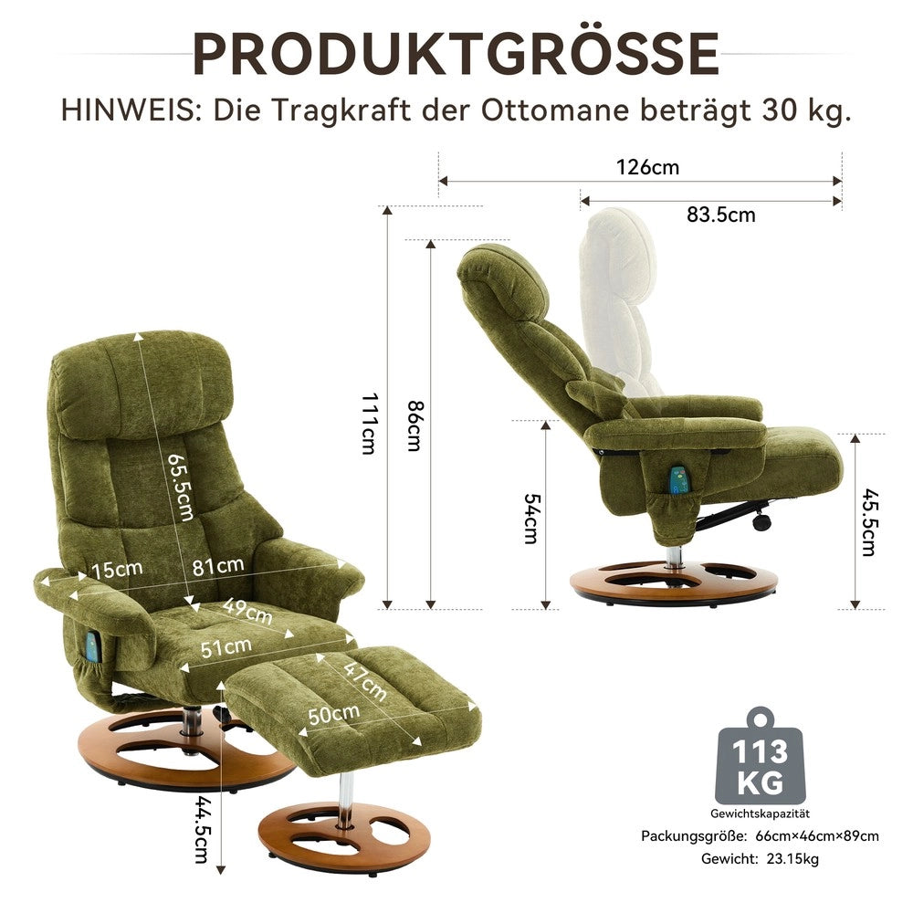 Poltrona Relax Massaggiante Reclinabile con Poggiapiedi Girevole ¨C Xylo ¨C Verde Chenille