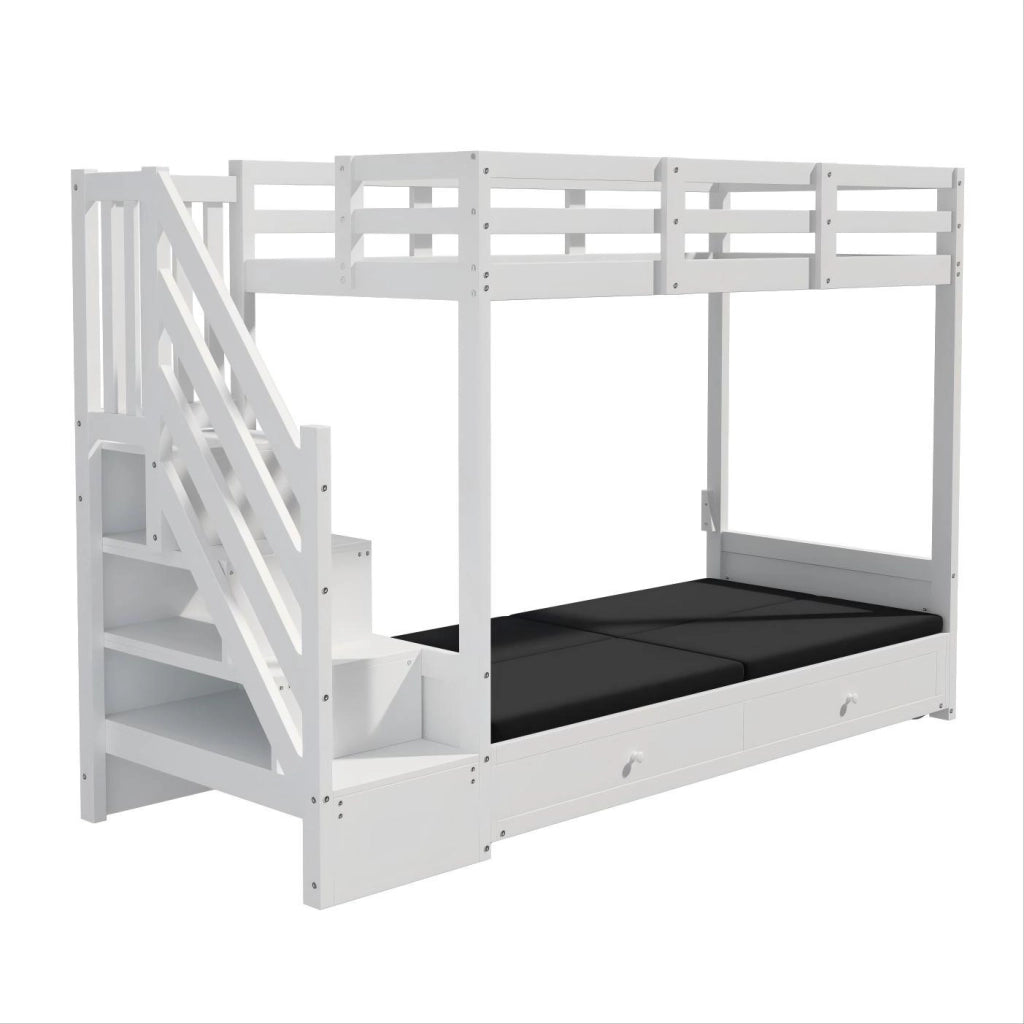 Letto a soppalco per bambini 90x200 cm con divano, scale contenitore e 2 cassetti bianco