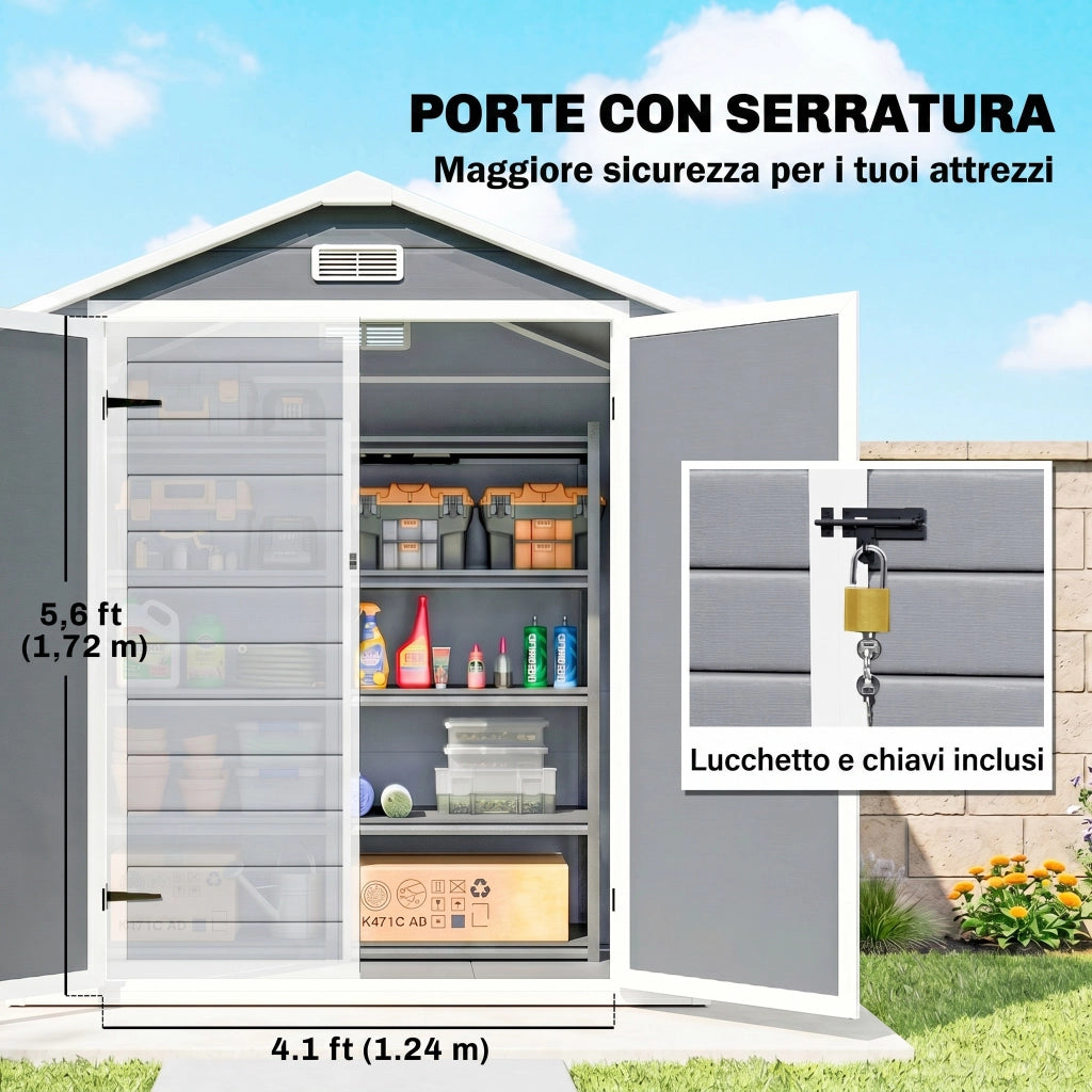Casetta da Giardino con Finestra e Doppia Porta PP e Alluminio. 183x134x210 cm. Grigio