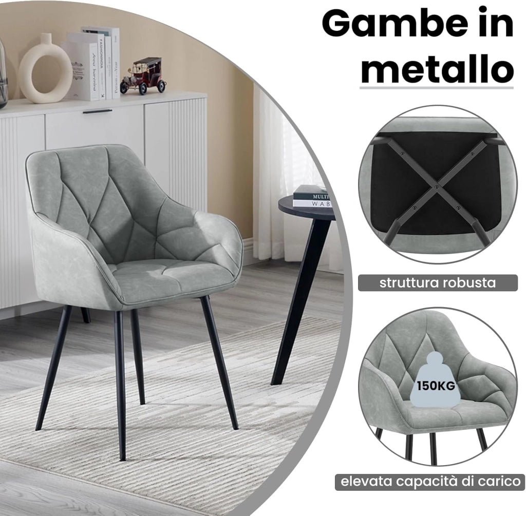 Set di 4 Sedie da Pranzo con Braccioli e Schienale, Sedie Cucina Moderna in PU Vintage, Poltrone da Salotto con Gambe in Metallo, Sedie ergonomiche per Ufficio, Grigio, Marrone, EZS03gr-4