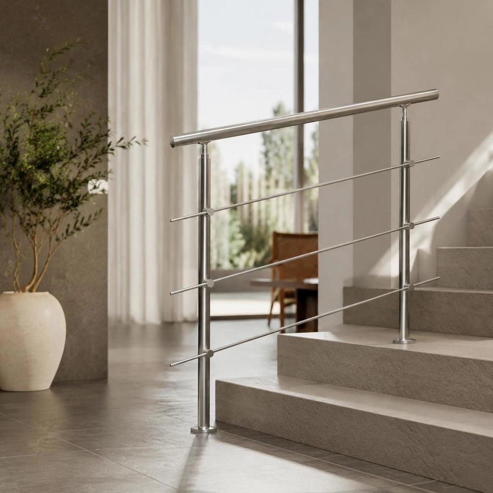 Handrails For Outdoor Stairs, 150 Cm Long, 3 Crossbars, Stair Handrail Set, Stainless Steel Transition Railing With Mounting Kit, Double-post Stair Handrails For Seniors, Veranda And Terrace