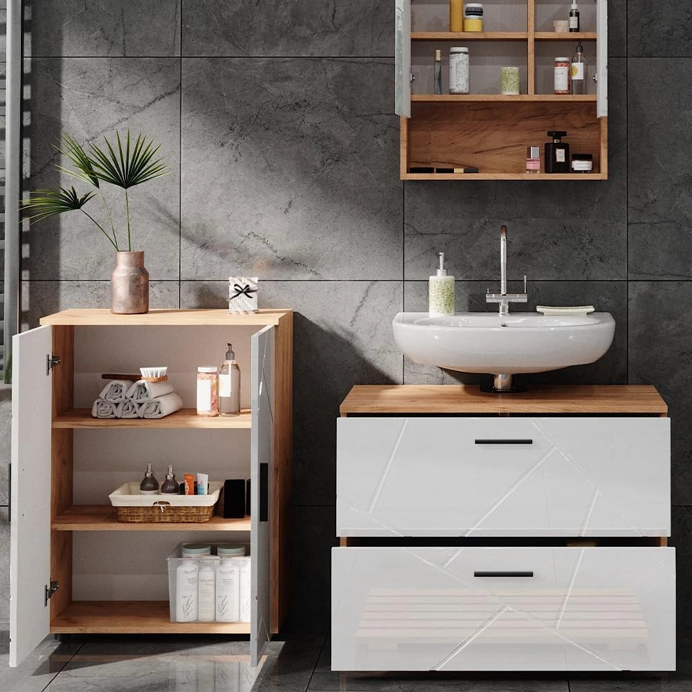 Set di mobili da bagno Irma, Bianco lucido/oro power oak, 80 cm, composto da mobile sottolavabo, specchiera e mobile medio