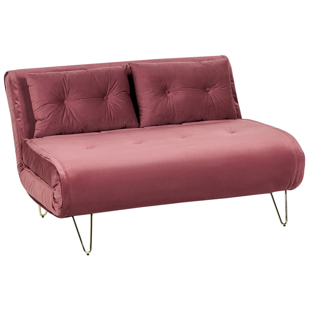Divano Letto a 2 posti in velluto rosa con gambe in metallo senza braccioli 2 cuscini gambe metallo glamour