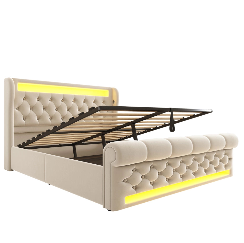 Letto matrimoniale 140x200 cm in velluto beige con LED; USB e Type C; contenitore idraulico; materasso incluso