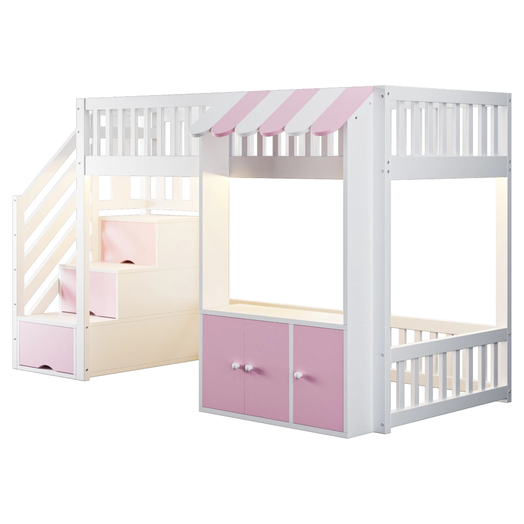 Letto a soppalco in legno con armadio e scala contenitore, 90x200 cm, rosa