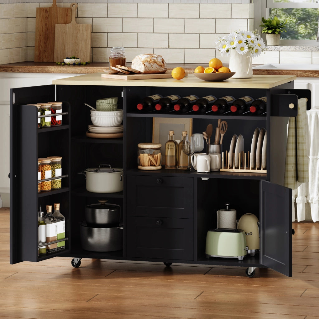 Carrello isola da cucina con piano ribaltabile, 2 cassetti, portabottiglie e ruote bloccabili, 104x69x89 cm