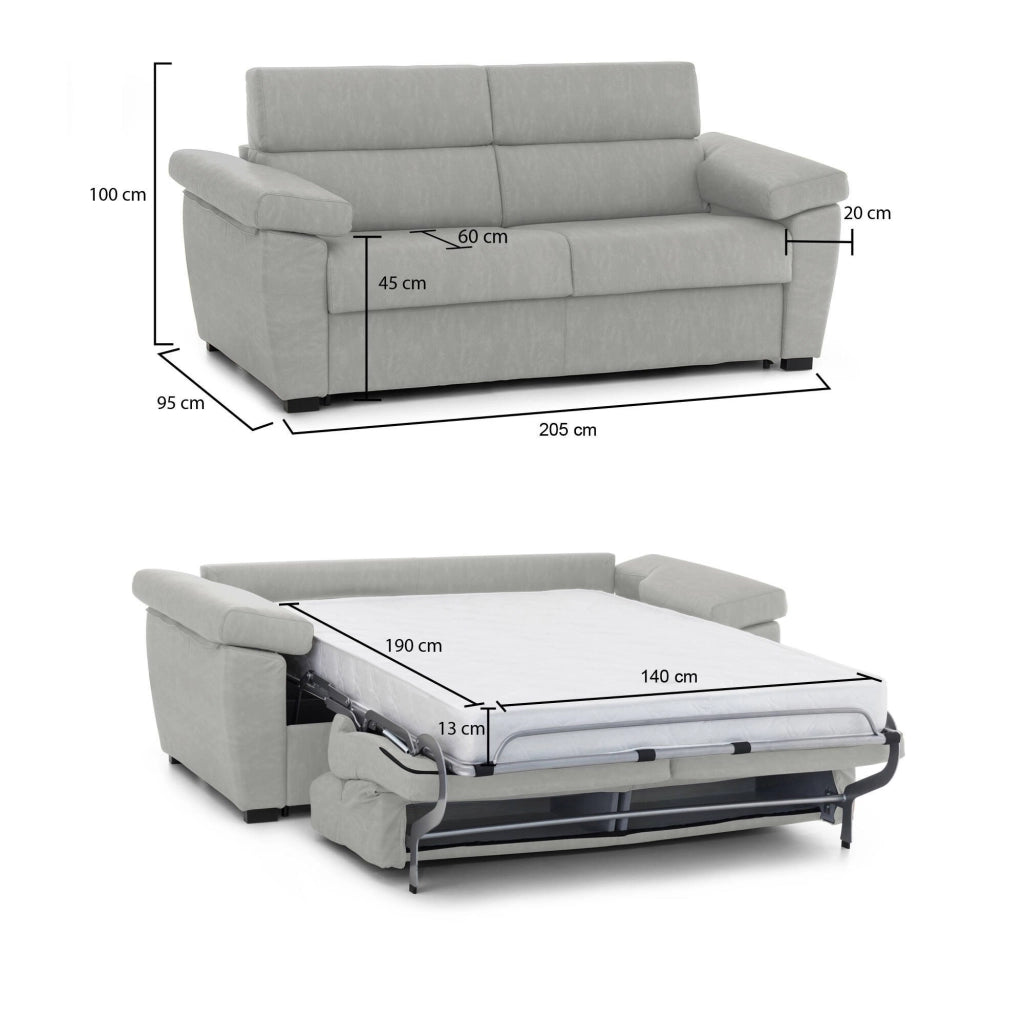 Fisciano, Divano Letto 2 Posti Sfoderabile Made in Italy, 205x95 cm Grigio Chiaro