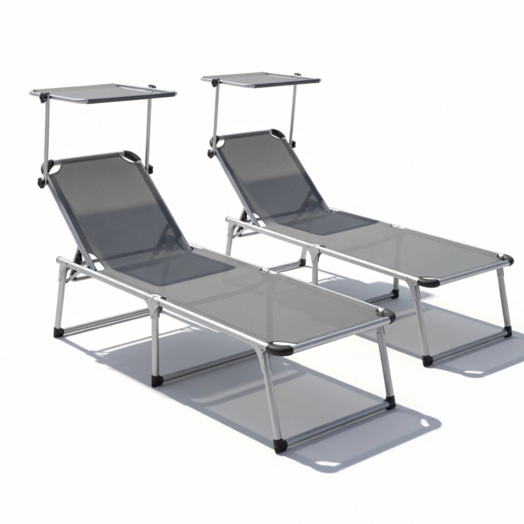 Set Lettini Prendisole Pieghevoli Tettuccio Parasole Schienale Regolabile Reclinabile 6 Posizioni Struttura In Alluminio Sedia Relax Spiaggia Mare Giardino Piscina 187 x 59 x 29 Cm Grigio Scuro