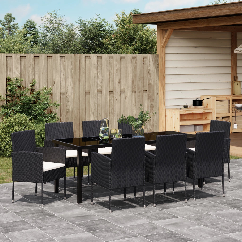 Set da pranzo da giardino 9 pezzi con cuscini in polyrattan nero
