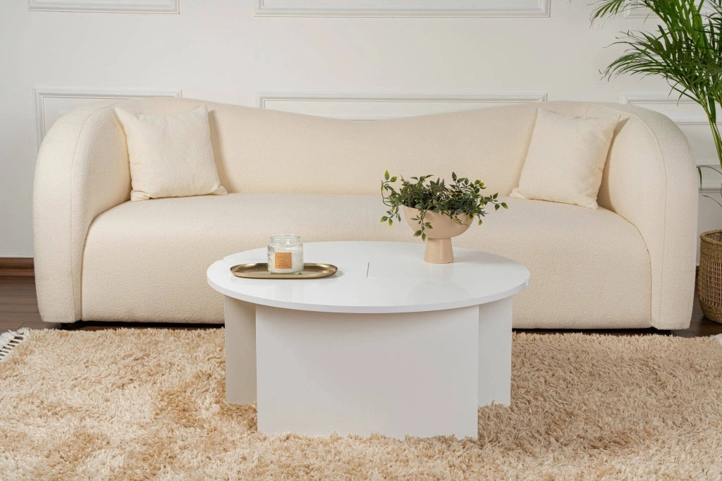 Tavolino da salotto Tairn, Tavolo basso da caffè, Portariviste per divano, Ripiano da soggiorno, 90x90 h41 cm, Bianco e Naturale