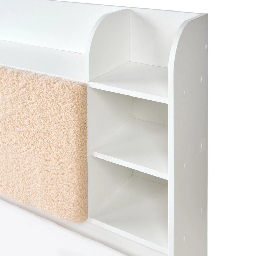 Letto matrimoniale in legno di pino MDF minimalista con contenitore 4 cassetti e ripiani testiera in bouclé bianco con rete 180 x 200 cm