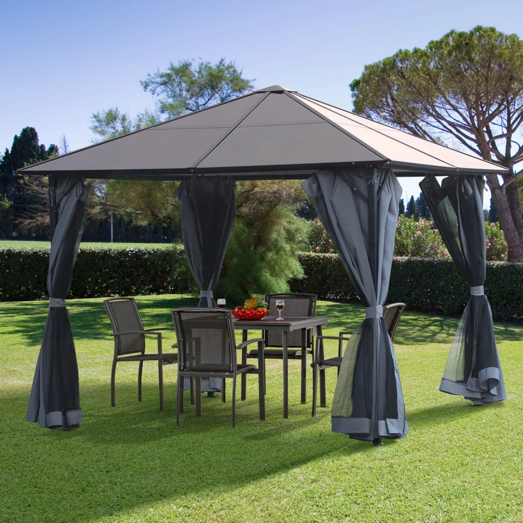 Gazebo esterno con tetto in policarbonato e tende con zanzariera ¨C Minimal ¨C grigio scuro 300x300 cm