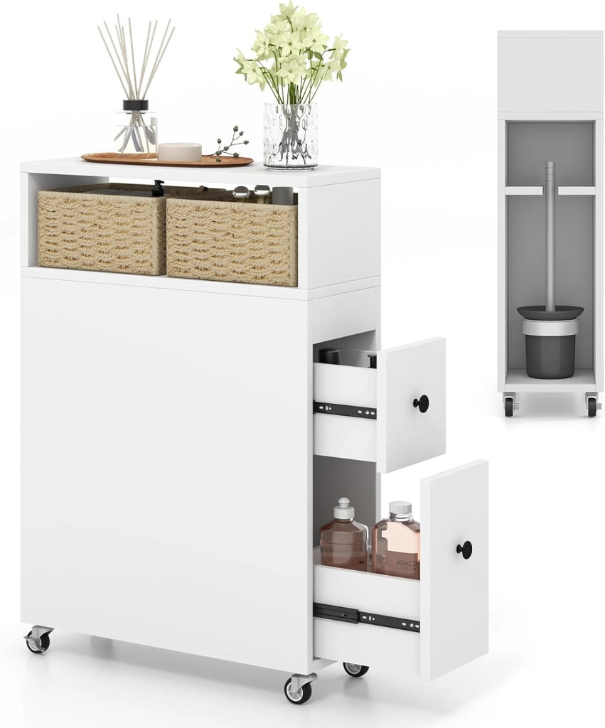 Mobile Bagno 50 x 19 x 72 cm, Arredo Salvaspazio con 2 Cassetti, 2 Cesti in Rattan, Ruote e Ripiani, Armadietto Stretto per Spazi Ridotti, Salotto e Cucina (Bianco)
