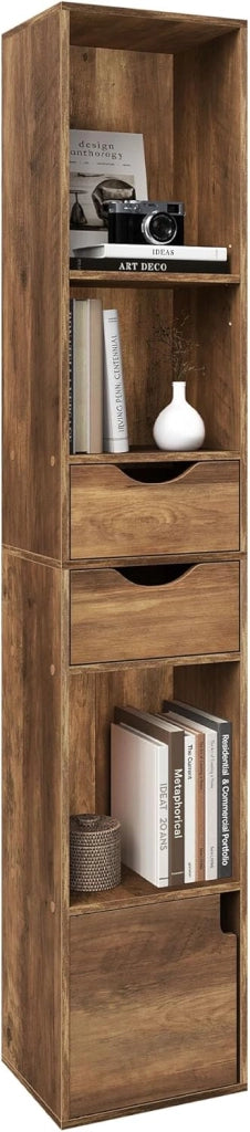Libreria Scaffale Moderna in Legno, Libreria Verticale con 3 Vani Aperti, 2 Cassetti e 1 Armadietto, Mobile Portaoggetti Portalibri da Terra con Ripiano Regolabile, Legno Marrone, 30x24x158cm