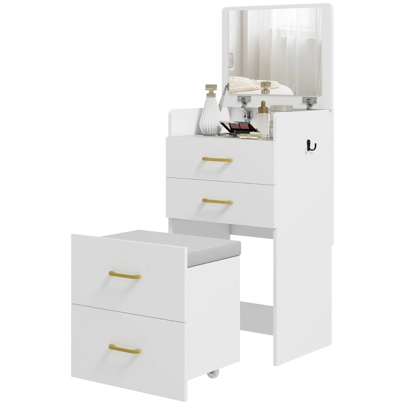 Tavolo da toeletta 3-in-1 con specchio; comodino; sgabello con ruote e cassetti; Bianco